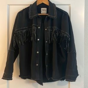Zara Fringe Rhinestone Embellished Black Denim Shirt Jacket